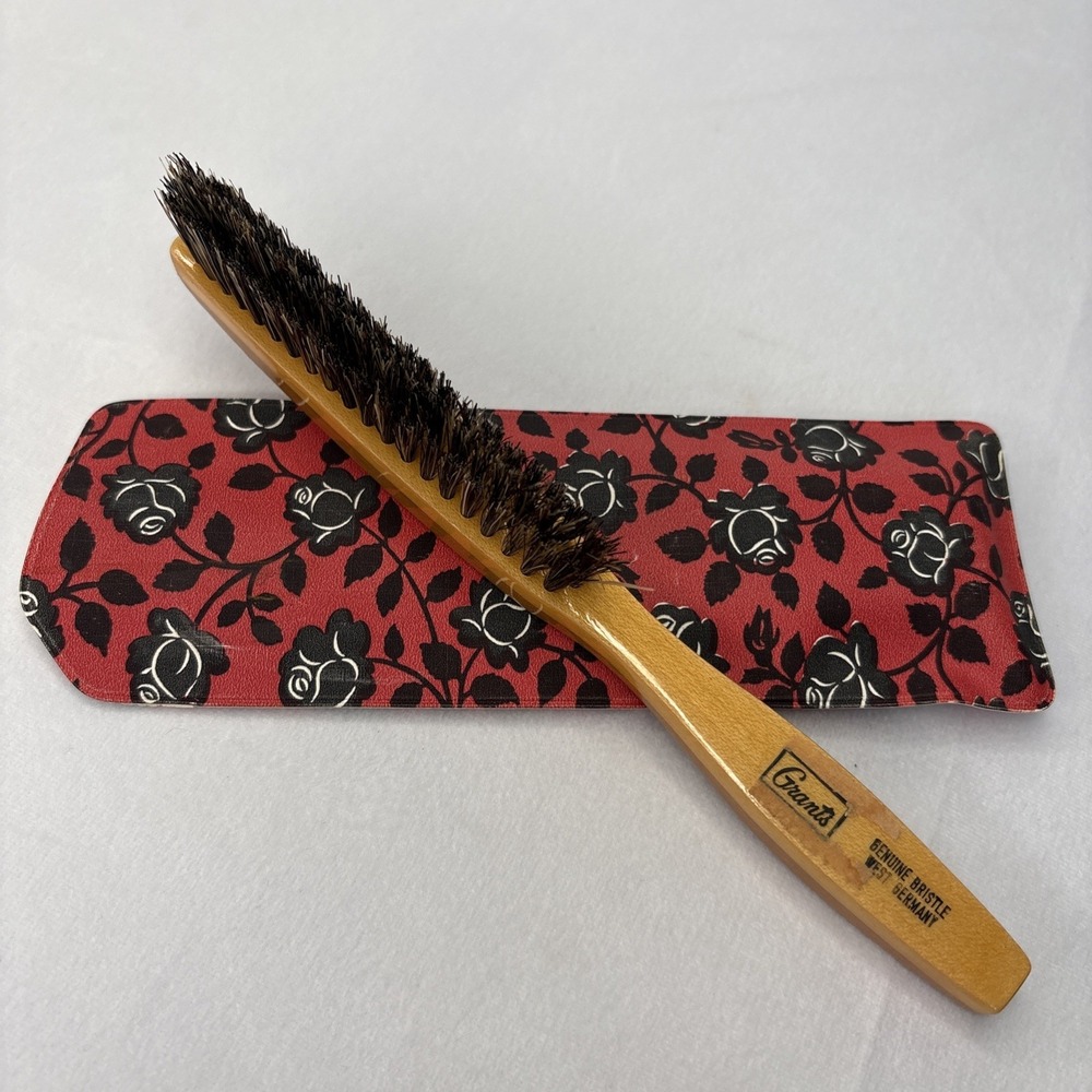 Vintage West Germany Wooden Vanity Clothes Bristle Brush with Handle Floral Case